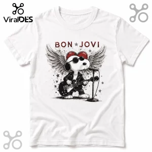 White cotton t-shirt with Snoopy wearing sunglasses and leather jacket playing guitar with red heart and wings graphic.!