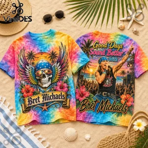 Two tie-dye t-shirts featuring Bret Michaels graphics, tropical hibiscus flowers, palm trees, and sunset beach themes.!