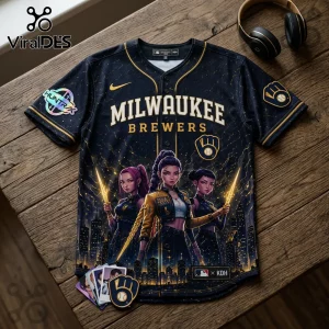 Milwaukee Brewers black baseball jersey with gold trim featuring anime-style character art and city skyline background.!