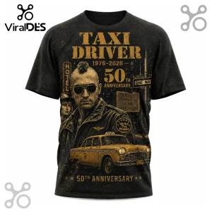 Black graphic t-shirt featuring Travis Bickle from Taxi Driver, a yellow taxi cab, and 50th anniversary text graphics.!