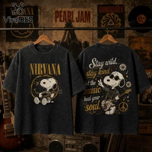 Black acid-wash cotton t-shirt with front and back Snoopy graphic prints, Nirvana logo, and music-themed vintage aesthetic.!