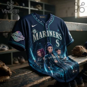 Seattle Mariners dark blue baseball jersey with anime-style characters, teal accents, and Huntrax sleeve patch.!