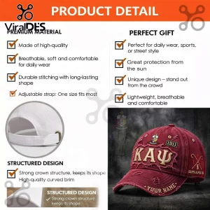 Maroon distressed baseball cap with Kappa Alpha Psi Greek letters, 1911 patch, and custom name embroidery on the brim.!