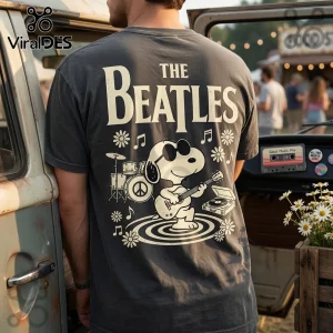 Charcoal gray cotton t-shirt featuring Snoopy wearing sunglasses, playing guitar, drums, flowers, and The Beatles text.!