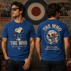 Blue cotton t-shirt featuring Snoopy in a mod jacket with The Who logo and text Talk loud, dream wild on front and back.!