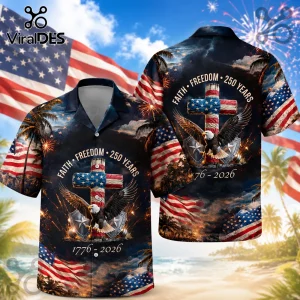 Patriotic button-up shirt featuring an American flag cross, bald eagle, fireworks, and text Faith, Freedom, 250 Years 1776-2026.!