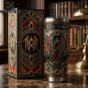 Sleep Token Worship branded stainless steel tumbler with gold handle and matching gothic decorative display box.!