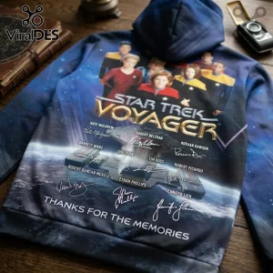 Blue Star Trek Voyager hooded sweatshirt featuring the main cast, USS Voyager starship, and printed actor signatures.!
