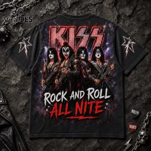 Black cotton t-shirt featuring KISS band members, the KISS logo, and Rock and Roll All Nite text with lightning bolt icons.!