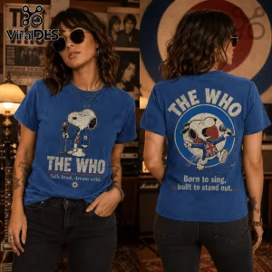 Blue vintage-wash T-shirt featuring Snoopy singing into a microphone with The Who text and classic mod bullseye logo.!