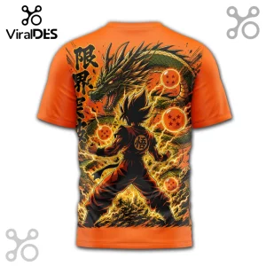 Orange t-shirt back print featuring Goku and Shenron with four Dragon Balls and Japanese kanji text on a dark background.!