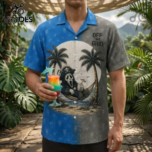 Blue and grey button-down shirt featuring Ghostface in a pirate hat relaxing in a hammock with text reading Off the Grid.!