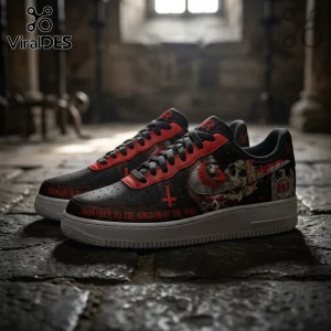 Custom Slayer band sneakers with skull graphics, inverted crosses, and Monarch to the Kingdom of the Dead text.!