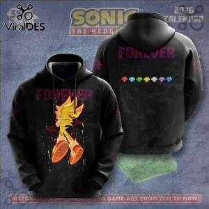 Black hoodie featuring Super Sonic, Forever Fast text, and seven Chaos Emeralds on a front and back graphic print.!