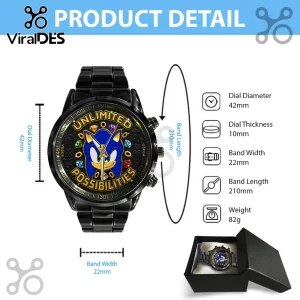 Black Sonic the Hedgehog wristwatch with gold Unlimited Possibilities text, colorful Chaos Emeralds, and metal link band.!