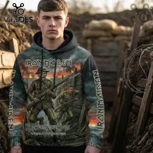 Man wearing an Iron Maiden hoodie with Trooper graphics, battlefield artwork, and Run For Your Lives World Tour 2026 text.!