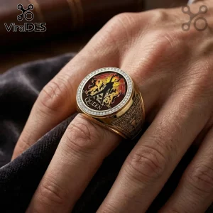 Gold ring featuring the Queen band crest, red enamel inlay, crystal accents, and Freddie Mercury engraving on the side.!