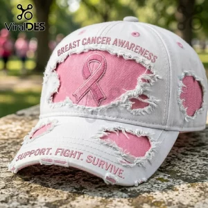 Distressed white baseball cap featuring pink breast cancer awareness ribbon, text Breast Cancer Awareness and Support. Fight. Survive.!