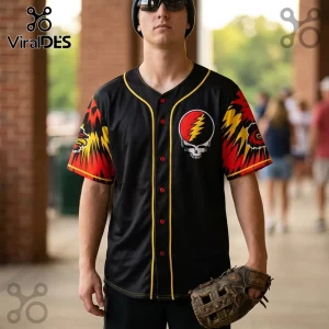 Black button-down baseball jersey with Grateful Dead lightning skull logo, yellow piping, and red-yellow flame sleeve art.!
