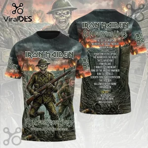 Iron Maiden Run For Your Lives 2026 tour t-shirt featuring Eddie in WWI uniform, trench warfare graphics, and setlist print.!