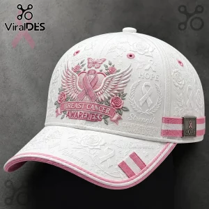 White baseball cap with pink embroidered wings, butterfly, roses, and Breast Cancer Awareness ribbon text on front panel.!