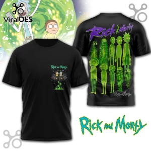 Black Rick and Morty t-shirt featuring front pocket graphic of duo in UFO and back print of glowing green character clones.!