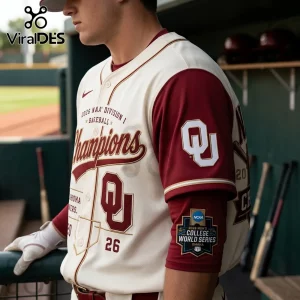 Oklahoma Sooners baseball jersey with 2026 NCAA Division I Champions text, OU logo, and College World Series sleeve patch.!