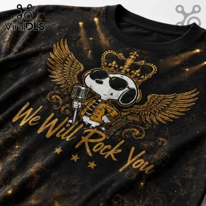 Black t-shirt featuring a gold graphic of Snoopy as Freddie Mercury with wings, a crown, microphone, and We Will Rock You.!