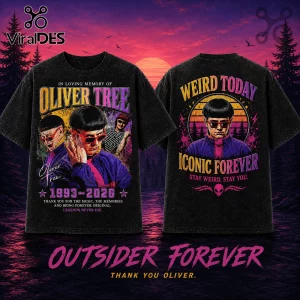Black vintage-style graphic t-shirt featuring Oliver Tree prints, retro 90s aesthetic, bold typography, and alien icons.!