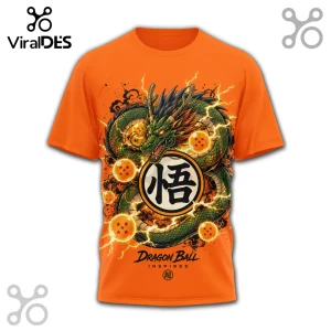 Bright orange Dragon Ball t-shirt featuring Shenron the dragon, lightning effects, four-star dragon balls, and Japanese kanji.!