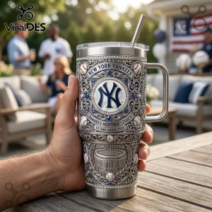 New York Yankees stainless steel tumbler with engraved Yankee Stadium, blue gemstones, and team logos.!