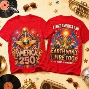 Two red cotton t-shirts displaying America 250 graphic art with a globe, disco ball, trumpet, and musical motifs.!