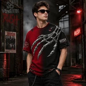 Man wearing a red and black distressed t-shirt featuring a large chrome skeletal hand graphic and the text RUSH.!