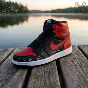 Black and red high-top leather sneaker with white sole, featuring printed autographs and Sleeping With Sirens text on dock.!