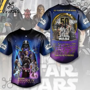 Star Wars 50th anniversary button-up baseball jersey with space background, character collage, and printed signatures.!