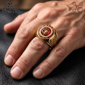Gold Rush band championship ring with a central red stone, Starman logo, and Est. 1968 text on a male hand.!