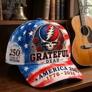 Grateful Dead baseball cap featuring a patriotic red, white, and blue flag design with a skull, lightning bolt, and roses.!