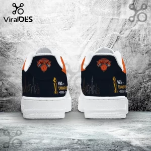 New York Knicks custom sneakers with NBA champion 2025-26 trophy graphic, navy blue, orange, and white rubber soles.!