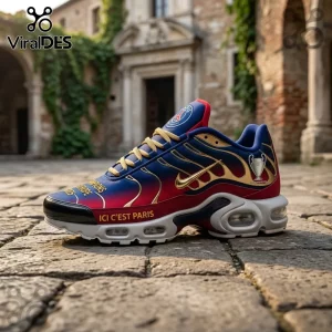 Nike Air Max Plus PSG edition featuring blue and red gradient upper, gold accents, Champions League trophy, and text.!