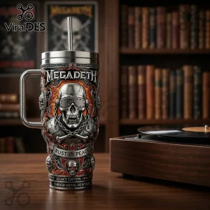 Megadeth Rust in Peace stainless steel 40oz tumbler with embossed Vic Rattlehead skull design and metal straw.!