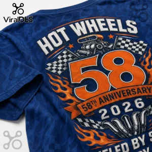 Blue Hot Wheels 58th anniversary t-shirt featuring a large orange 58, checkered flags, engine, and flames.!