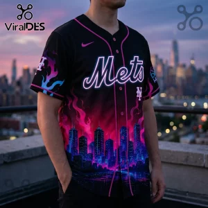 Black New York Mets button-up baseball jersey with neon pink and blue city skyline flames and white script lettering.!