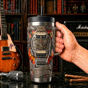 Lynyrd Skynyrd themed stainless steel tumbler with electric guitar graphic, flames, and text Sweet Home Alabama Free Bird.!