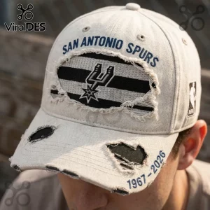 Distressed cream San Antonio Spurs baseball cap featuring embroidered team name, logo, and 1967-2026 years on the brim.!