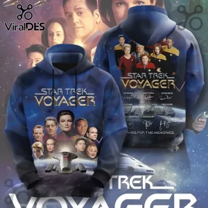 Star Trek Voyager blue space-themed hoodie featuring cast portraits, USS Voyager ship, and printed actor signatures.!