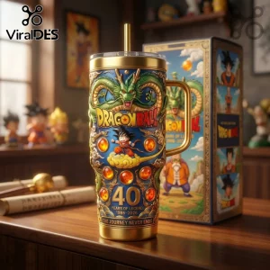 Dragon Ball 40th anniversary stainless steel tumbler featuring Shenron, Goku, and seven dragon balls on a blue background.!
