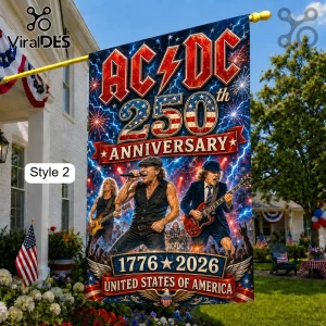 AC/DC 50th anniversary garden flag featuring band members, lightning, fireworks, and USA 1776-2026 text on fabric.!