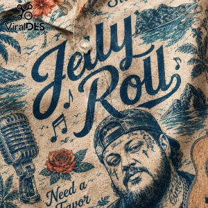 Tan cotton button-down shirt featuring a navy blue vintage print of Jelly Roll, a microphone, roses, and palm trees.!