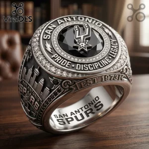 San Antonio Spurs championship-style ring with silver finish, black center stone, inlaid crystals, and city skyline relief.!
