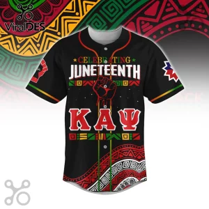 Black Juneteenth baseball jersey featuring red, black, and green Greek letters KAPsi and a raised fist graphic design.!